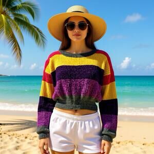 Luv Lane Colorful Multicolor Blocks Chenille Cropped Knit Sweater Women M Preppy